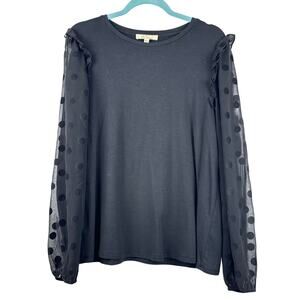 Les Serein Black Sheer Polka Dot Ruffle Sleeve Top Womens Large